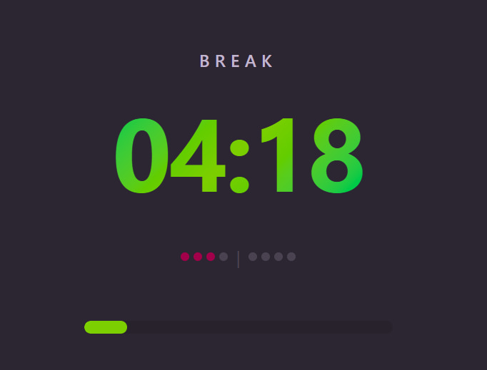 Pomodoro timer in break mode showing short break countdown