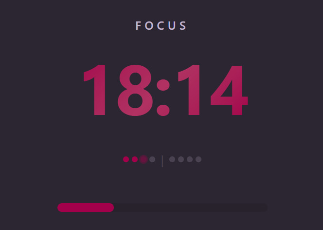 Pomodoro timer in focus mode showing countdown and progress bar